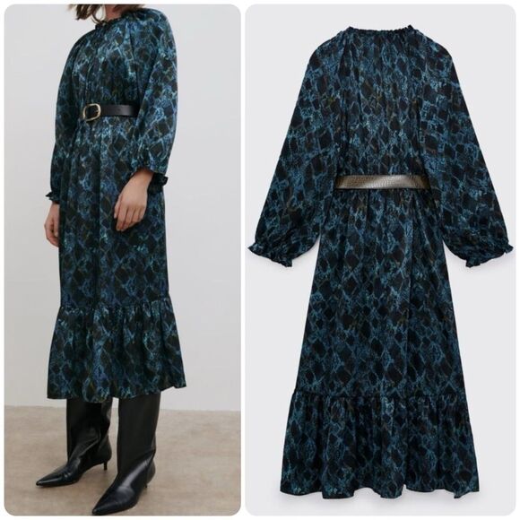 Zara Dresses & Skirts - Zara Long Sleeve Midi Dress in Black/Blue Snake Print
